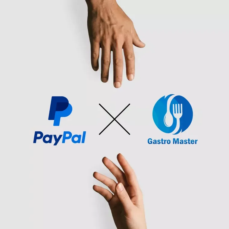 Logos von PayPal und Gastro Master nebeneinander, verbunden durch ein Kreuz
